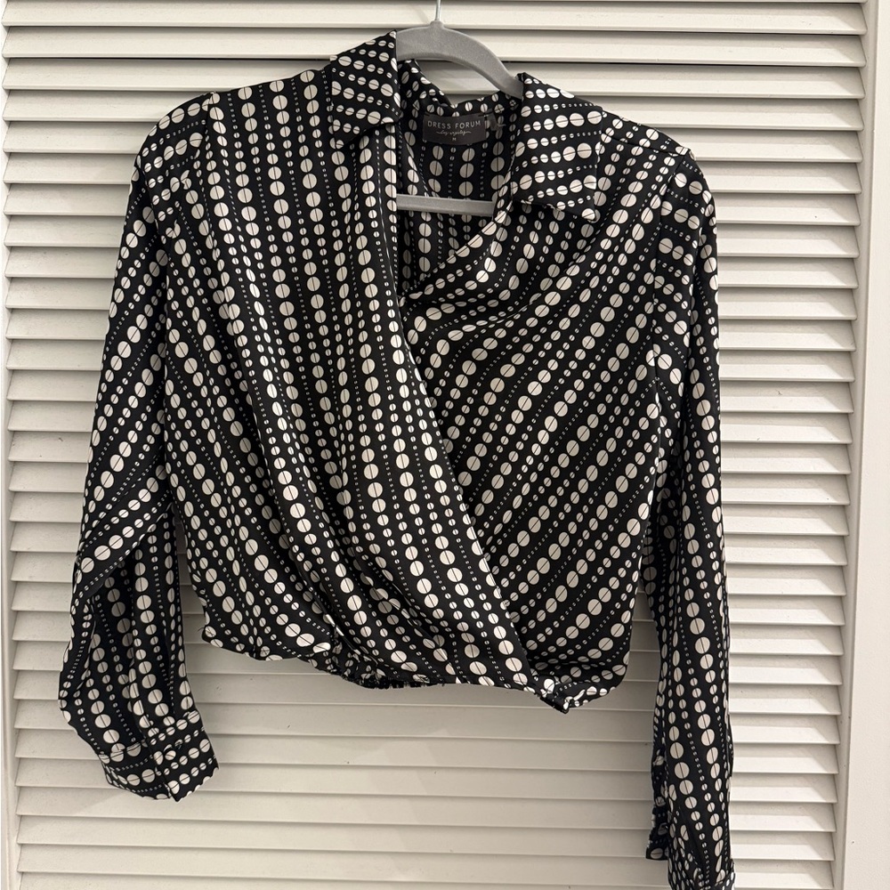 Polka Dot Wrap Blouse - Black and White